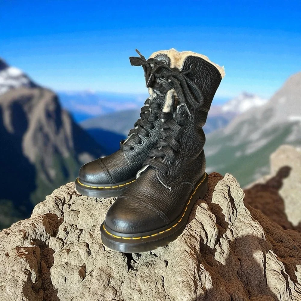 Dr. Marten’s Amilita Aunt Sally Black Leather Faux Fur Lined Boot.